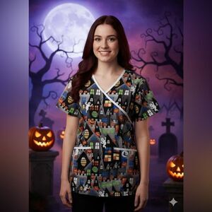 Spooky Town Tafford Halloween Smock Large Scrub Top 44-46 Bust Two Pockets